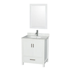 Load image into Gallery viewer, Wyndham Sheffield 30 Inch Single Bathroom Vanity in White, White Carrara Marble Countertop, Undermount Square Sink, and 24 Inch Mirror- Wyndham