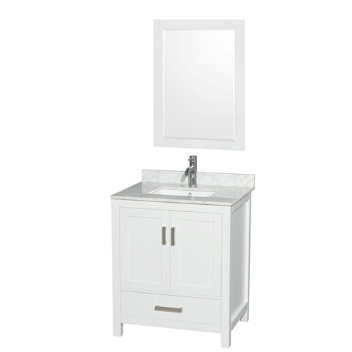 Wyndham Sheffield 30 Inch Single Bathroom Vanity in White, White Carrara Marble Countertop, Undermount Square Sink, and 24 Inch Mirror- Wyndham