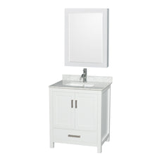 Load image into Gallery viewer, Wyndham Sheffield 30 Inch Single Bathroom Vanity in White, White Carrara Marble Countertop, Undermount Square Sink, and Medicine Cabinet- Wyndham