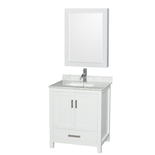 Wyndham Sheffield 30 Inch Single Bathroom Vanity in White, White Carrara Marble Countertop, Undermount Square Sink, and Medicine Cabinet- Wyndham