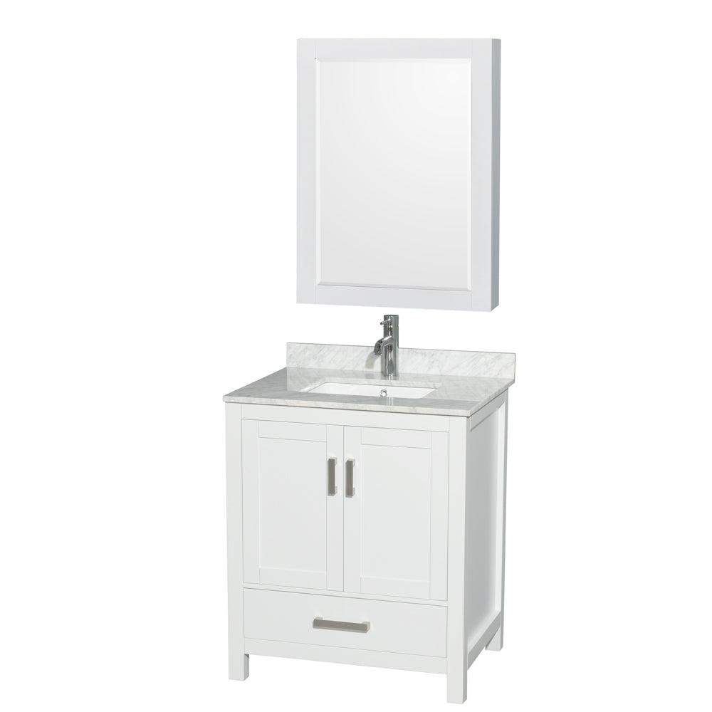 Wyndham Sheffield 30 Inch Single Bathroom Vanity in White, White Carrara Marble Countertop, Undermount Square Sink, and Medicine Cabinet- Wyndham