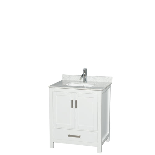 Wyndham Sheffield 30 Inch Single Bathroom Vanity in White, White Carrara Marble Countertop, Undermount Square Sink, and No Mirror- Wyndham