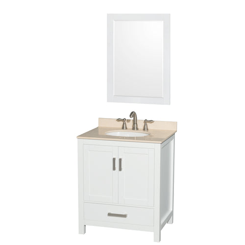 Wyndham Sheffield 30 Inch Single Bathroom Vanity in White, Ivory Marble Countertop, Undermount Oval Sink, and 24 Inch Mirror- Wyndham