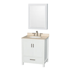 Load image into Gallery viewer, Wyndham Sheffield 30 Inch Single Bathroom Vanity in White, Ivory Marble Countertop, Undermount Oval Sink, and Medicine Cabinet- Wyndham