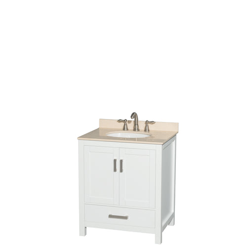 Wyndham Sheffield 30 Inch Single Bathroom Vanity in White, Ivory Marble Countertop, Undermount Oval Sink, and No Mirror- Wyndham