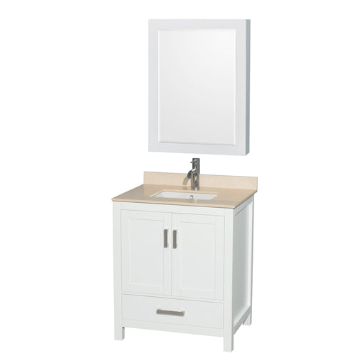 Wyndham Sheffield 30 Inch Single Bathroom Vanity in White, Ivory Marble Countertop, Undermount Square Sink, and Medicine Cabinet- Wyndham