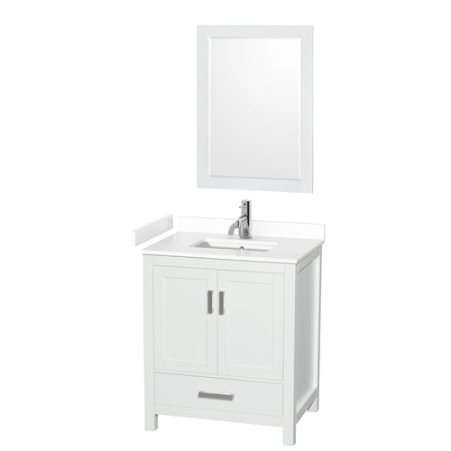Wyndham Sheffield 30 Inch Single Bathroom Vanity in White, White Cultured Marble Countertop, Undermount Square Sink, 24 Inch Mirror- Wyndham
