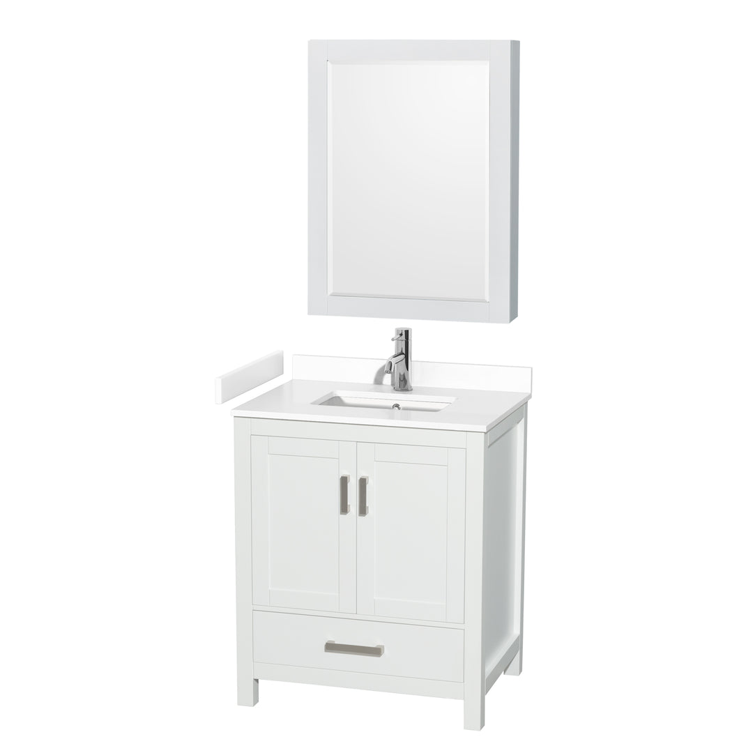 Wyndham Sheffield 30 Inch Single Bathroom Vanity in White, White Cultured Marble Countertop, Undermount Square Sink, Medicine Cabinet- Wyndham