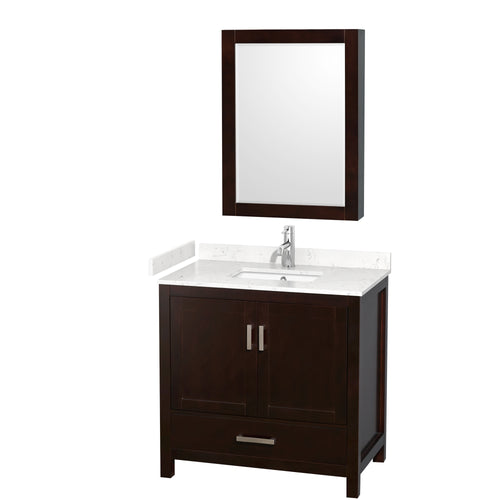 Wyndham Sheffield 36 Inch Single Bathroom Vanity in Espresso, Carrara Cultured Marble Countertop, Undermount Square Sink, Medicine Cabinet- Wyndham