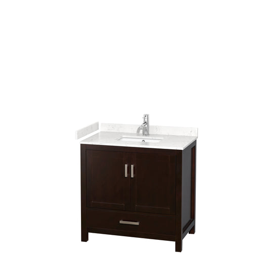 Wyndham Sheffield 36 Inch Single Bathroom Vanity in Espresso, Carrara Cultured Marble Countertop, Undermount Square Sink, No Mirror- Wyndham