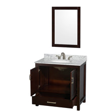 Load image into Gallery viewer, Wyndham Sheffield 36 Inch Single Bathroom Vanity in Espresso, White Carrara Marble Countertop, Undermount Oval Sink, and 24 Inch Mirror- Wyndham