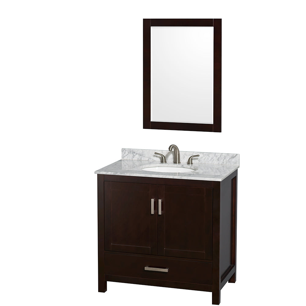 Wyndham Sheffield 36 Inch Single Bathroom Vanity in Espresso, White Carrara Marble Countertop, Undermount Oval Sink, and 24 Inch Mirror- Wyndham