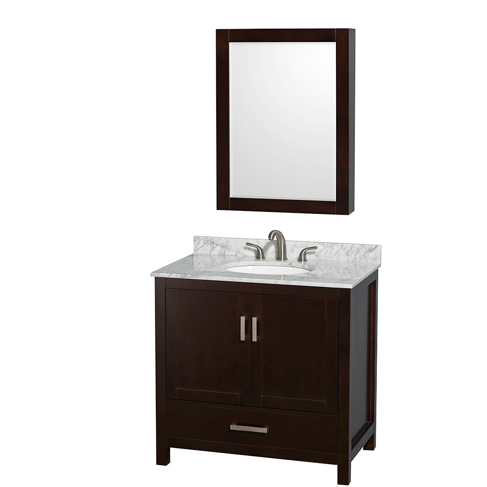 Wyndham Sheffield 36 Inch Single Bathroom Vanity in Espresso, White Carrara Marble Countertop, Undermount Oval Sink, and Medicine Cabinet- Wyndham