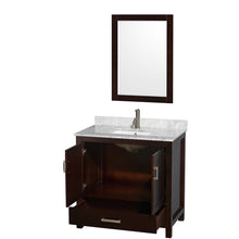 Load image into Gallery viewer, Wyndham Sheffield 36 Inch Single Bathroom Vanity in Espresso, White Carrara Marble Countertop, Undermount Square Sink, and 24 Inch Mirror- Wyndham