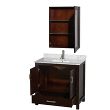 Load image into Gallery viewer, Wyndham Sheffield 36 Inch Single Bathroom Vanity in Espresso, White Carrara Marble Countertop, Undermount Square Sink, and Medicine Cabinet- Wyndham