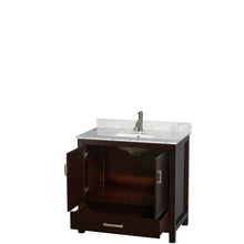 Load image into Gallery viewer, Wyndham Sheffield 36 Inch Single Bathroom Vanity in Espresso, White Carrara Marble Countertop, Undermount Square Sink, and No Mirror- Wyndham