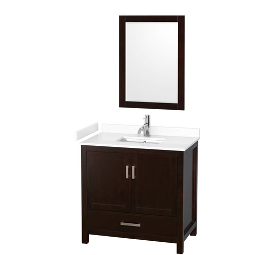 Wyndham Sheffield 36 Inch Single Bathroom Vanity in Espresso, White Cultured Marble Countertop, Undermount Square Sink, 24 Inch Mirror- Wyndham