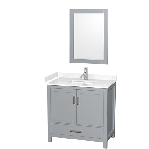 Wyndham Sheffield 36 Inch Single Bathroom Vanity in Gray, Carrara Cultured Marble Countertop, Undermount Square Sink, 24 Inch Mirror- Wyndham