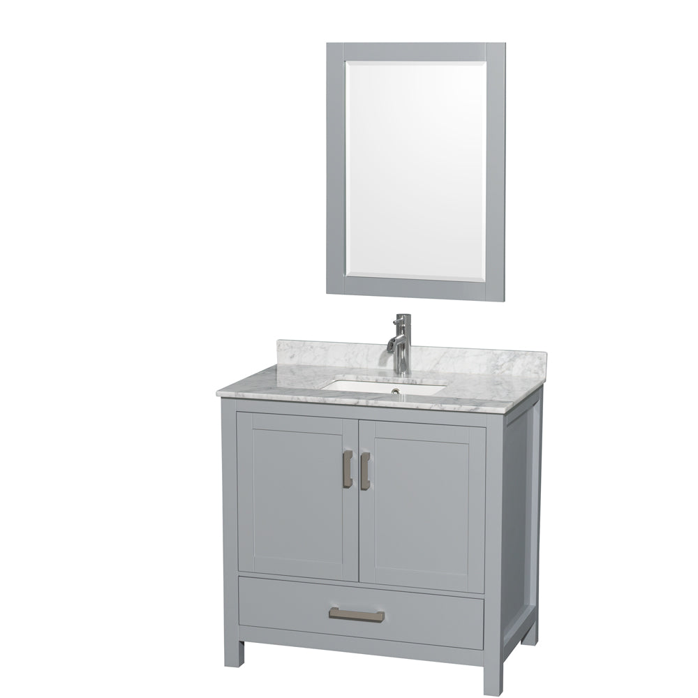Wyndham Sheffield 36 Inch Single Bathroom Vanity in Gray, White Carrara Marble Countertop, Undermount Square Sink, and 24 Inch Mirror- Wyndham