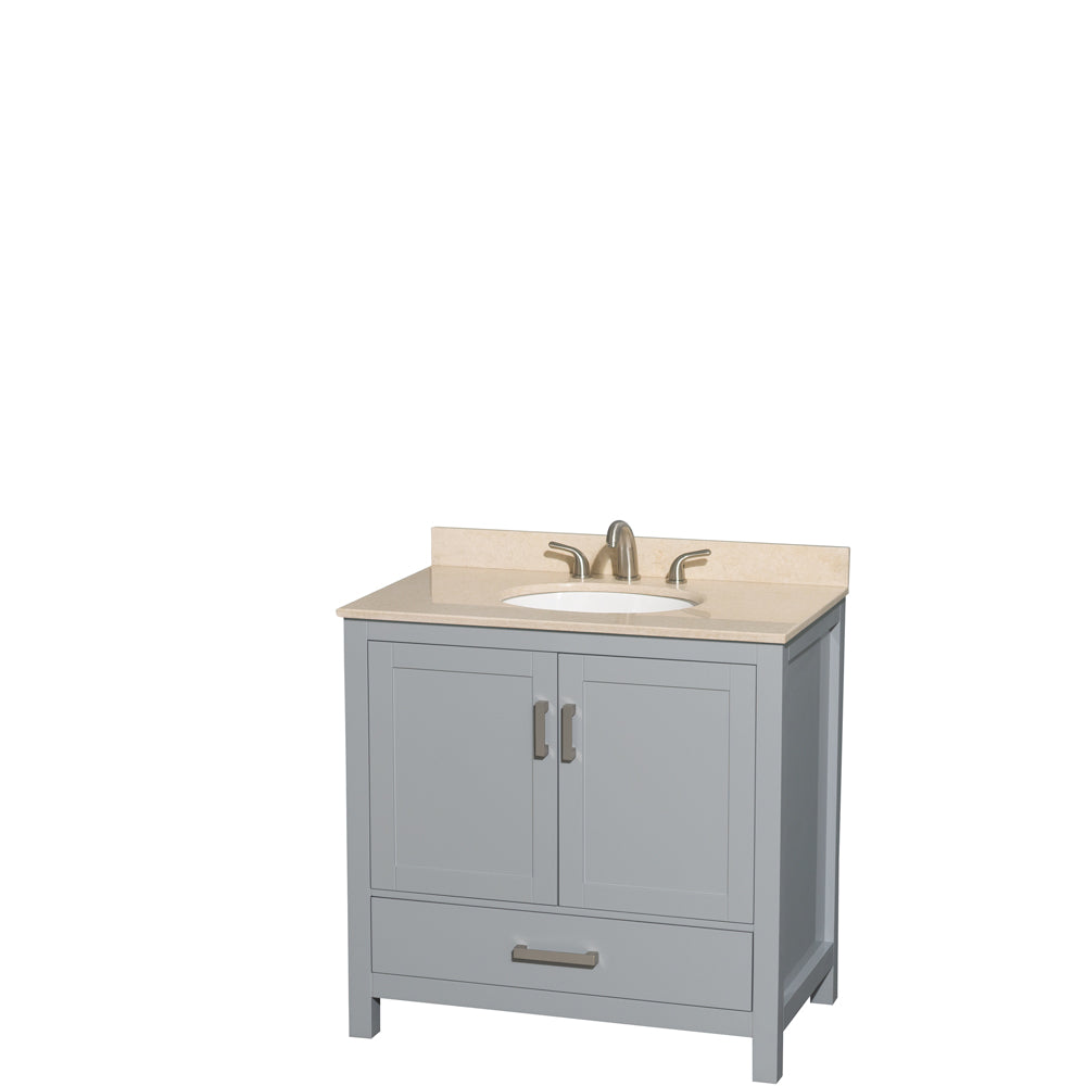 Wyndham Sheffield 36 Inch Single Bathroom Vanity in Gray, Ivory Marble Countertop, Undermount Oval Sink, and No Mirror- Wyndham