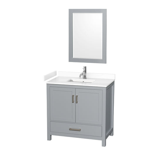 Wyndham Sheffield 36 Inch Single Bathroom Vanity in Gray, White Cultured Marble Countertop, Undermount Square Sink, 24 Inch Mirror- Wyndham