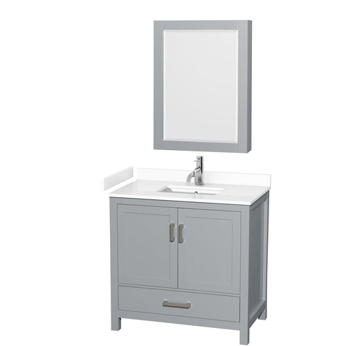 Wyndham Sheffield 36 Inch Single Bathroom Vanity in Gray, White Cultured Marble Countertop, Undermount Square Sink, Medicine Cabinet- Wyndham