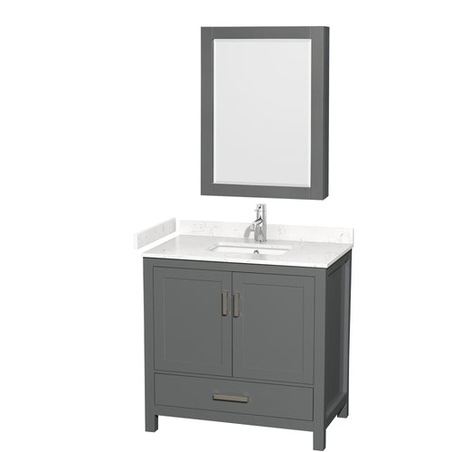 Wyndham Sheffield 36 Inch Single Bathroom Vanity in Dark Gray, Carrara Cultured Marble Countertop, Undermount Square Sink, Medicine Cabinet- Wyndham