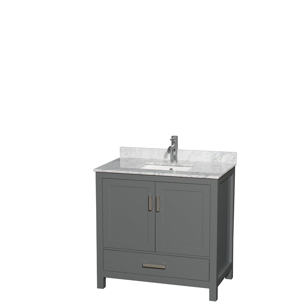 Wyndham Sheffield 36 Inch Single Bathroom Vanity in Dark Gray, White Carrara Marble Countertop, Undermount Square Sink, and No Mirror- Wyndham