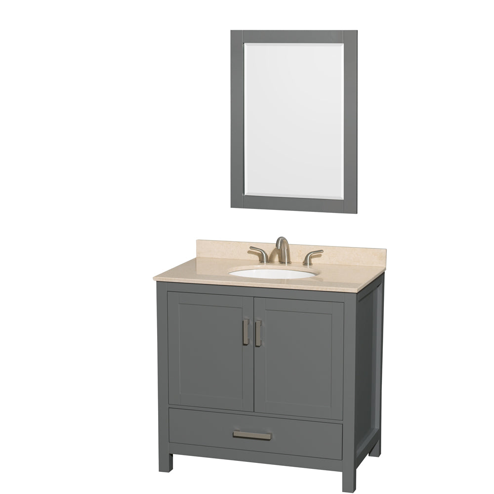 Wyndham Sheffield 36 Inch Single Bathroom Vanity in Dark Gray, Ivory Marble Countertop, Undermount Oval Sink, and 24 Inch Mirror- Wyndham