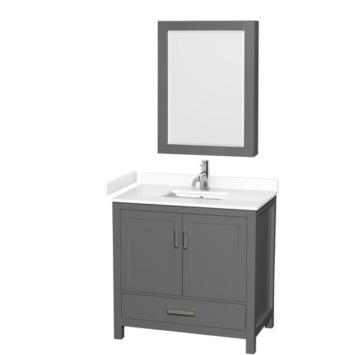Wyndham Sheffield 36 Inch Single Bathroom Vanity in Dark Gray, White Cultured Marble Countertop, Undermount Square Sink, Medicine Cabinet- Wyndham