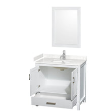 Load image into Gallery viewer, Wyndham Sheffield 36 Inch Single Bathroom Vanity in White, Carrara Cultured Marble Countertop, Undermount Square Sink, 24 Inch Mirror- Wyndham