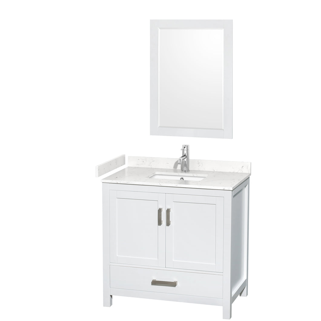 Wyndham Sheffield 36 Inch Single Bathroom Vanity in White, Carrara Cultured Marble Countertop, Undermount Square Sink, 24 Inch Mirror- Wyndham