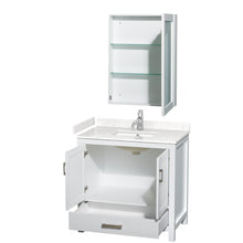 Load image into Gallery viewer, Wyndham Sheffield 36 Inch Single Bathroom Vanity in White, Carrara Cultured Marble Countertop, Undermount Square Sink, Medicine Cabinet- Wyndham
