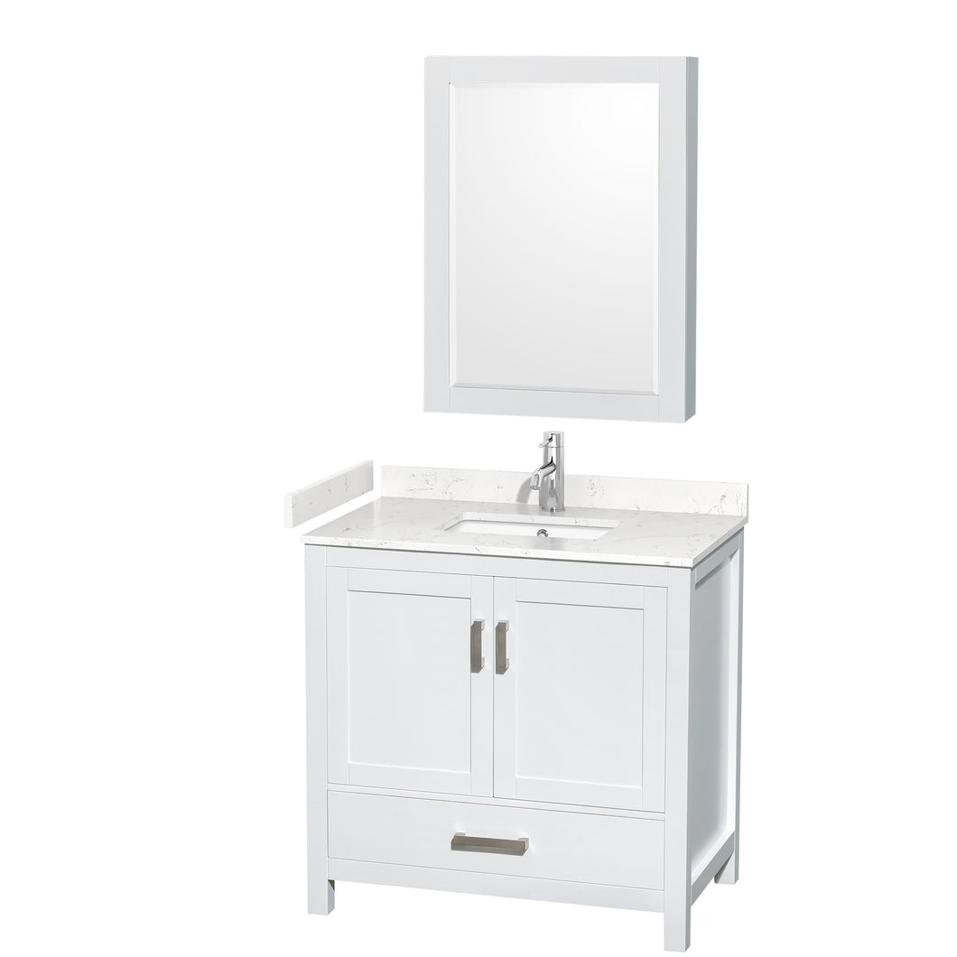 Wyndham Sheffield 36 Inch Single Bathroom Vanity in White, Carrara Cultured Marble Countertop, Undermount Square Sink, Medicine Cabinet- Wyndham