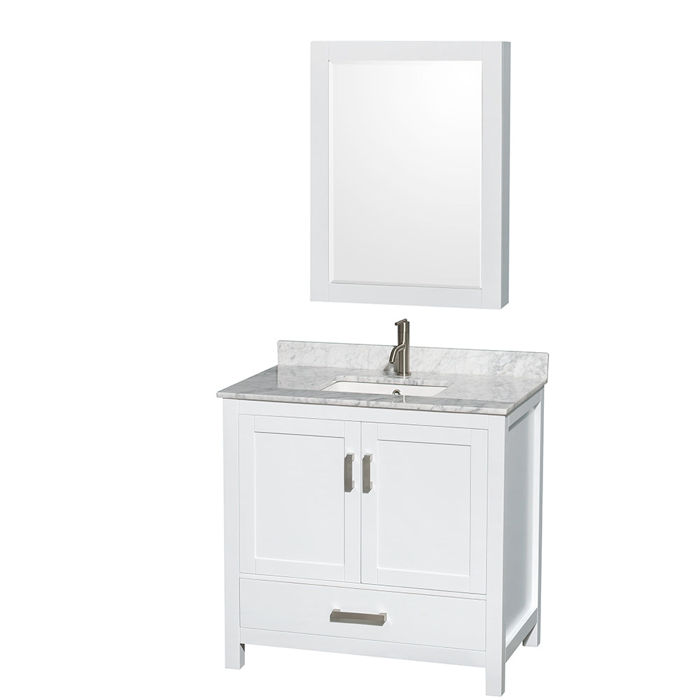 Wyndham Sheffield 36 Inch Single Bathroom Vanity in White, White Carrara Marble Countertop, Undermount Square Sink, and Medicine Cabinet- Wyndham