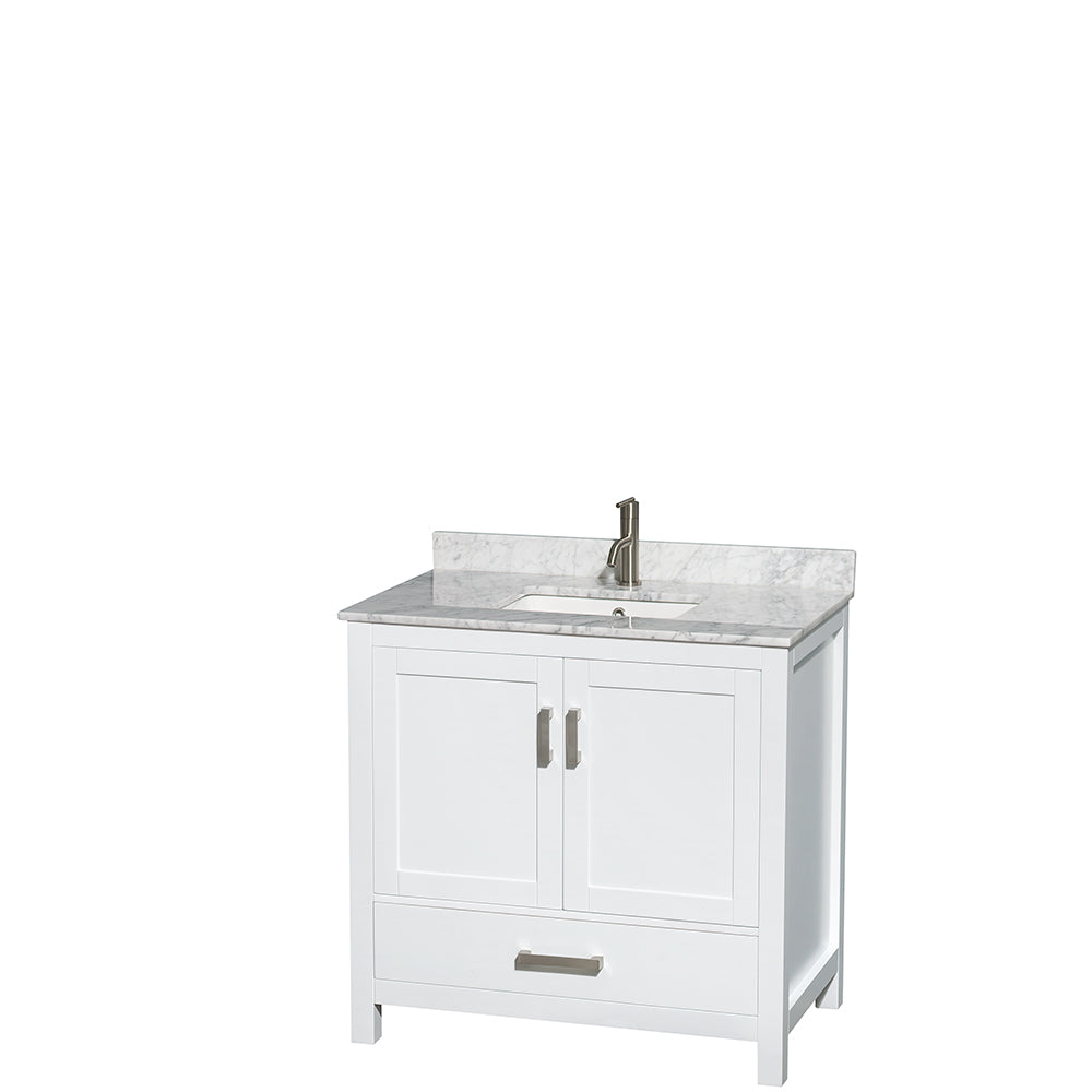 Wyndham Sheffield 36 Inch Single Bathroom Vanity in White, White Carrara Marble Countertop, Undermount Square Sink, and No Mirror- Wyndham