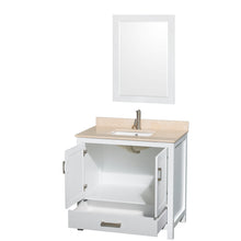 Load image into Gallery viewer, Wyndham Sheffield 36 Inch Single Bathroom Vanity in White, Ivory Marble Countertop, Undermount Square Sink, and 24 Inch Mirror- Wyndham