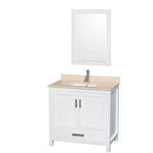Load image into Gallery viewer, Wyndham Sheffield 36 Inch Single Bathroom Vanity in White, Ivory Marble Countertop, Undermount Square Sink, and 24 Inch Mirror- Wyndham