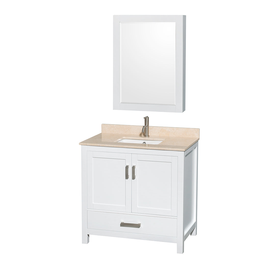 Wyndham Sheffield 36 Inch Single Bathroom Vanity in White, Ivory Marble Countertop, Undermount Square Sink, and Medicine Cabinet- Wyndham