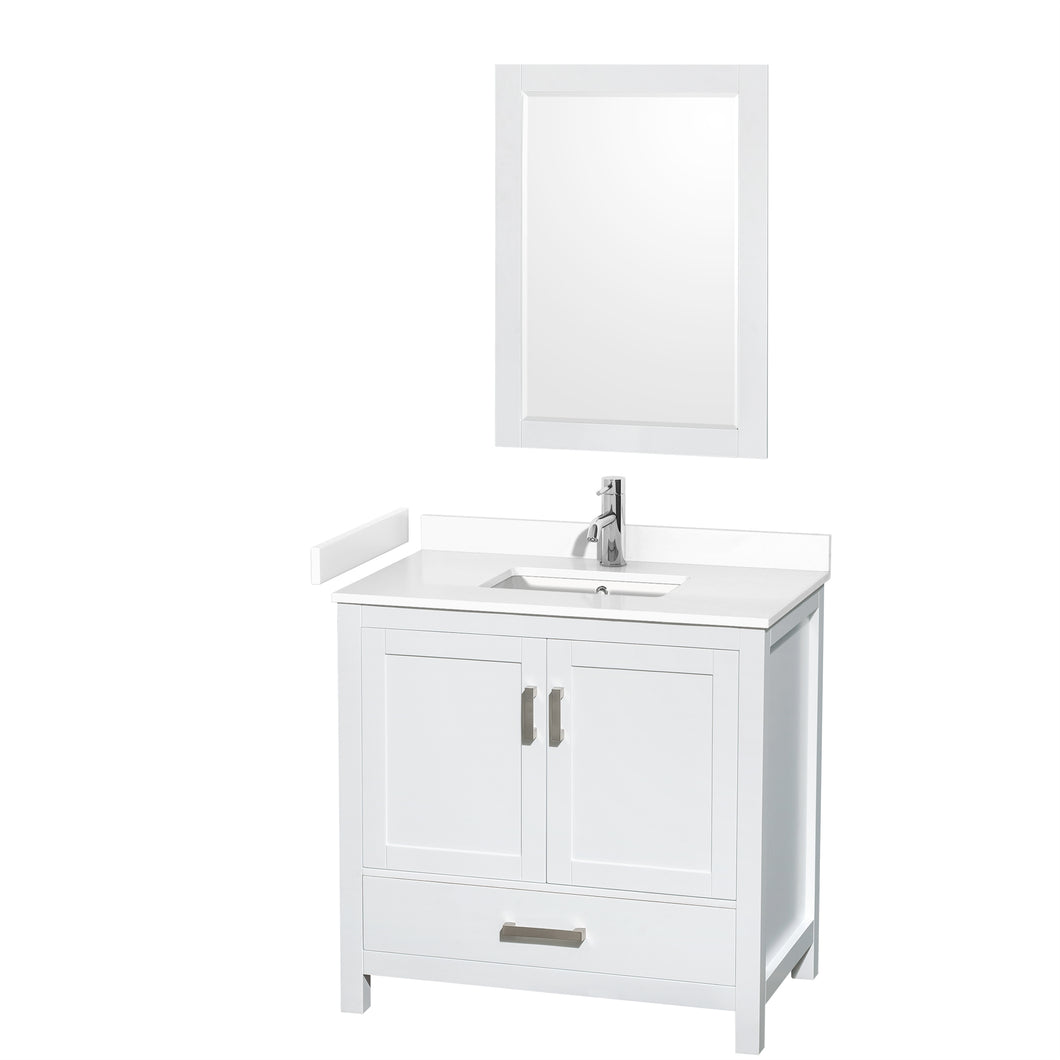 Wyndham Sheffield 36 Inch Single Bathroom Vanity in White, White Cultured Marble Countertop, Undermount Square Sink, 24 Inch Mirror- Wyndham