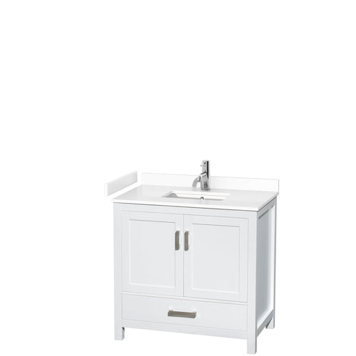 Wyndham Sheffield 36 Inch Single Bathroom Vanity in White, White Cultured Marble Countertop, Undermount Square Sink, No Mirror- Wyndham