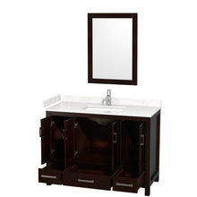 Load image into Gallery viewer, Wyndham Sheffield 48 Inch Single Bathroom Vanity in Espresso, Carrara Cultured Marble Countertop, Undermount Square Sink, 24 Inch Mirror- Wyndham