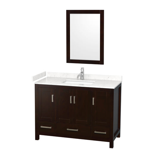 Wyndham Sheffield 48 Inch Single Bathroom Vanity in Espresso, Carrara Cultured Marble Countertop, Undermount Square Sink, 24 Inch Mirror- Wyndham