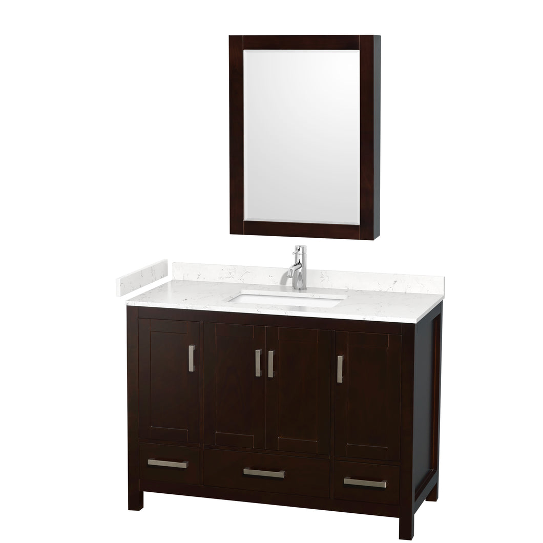 Wyndham Sheffield 48 Inch Single Bathroom Vanity in Espresso, Carrara Cultured Marble Countertop, Undermount Square Sink, Medicine Cabinet- Wyndham
