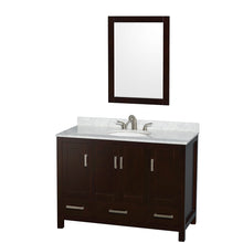 Load image into Gallery viewer, Wyndham Sheffield 48 Inch Single Bathroom Vanity in Espresso, White Carrara Marble Countertop, Undermount Oval Sink, and 24 Inch Mirror- Wyndham