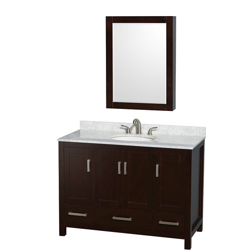 Wyndham Sheffield 48 Inch Single Bathroom Vanity in Espresso, White Carrara Marble Countertop, Undermount Oval Sink, and Medicine Cabinet- Wyndham