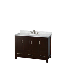 Load image into Gallery viewer, Wyndham Sheffield 48 Inch Single Bathroom Vanity in Espresso, White Carrara Marble Countertop, Undermount Oval Sink, and 24 Inch Mirror- Wyndham