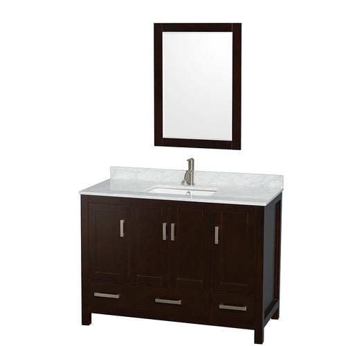 Wyndham Sheffield 48 Inch Single Bathroom Vanity in Espresso, White Carrara Marble Countertop, Undermount Square Sink, and 24 Inch Mirror- Wyndham