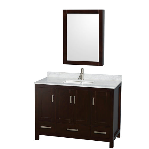 Wyndham Sheffield 48 Inch Single Bathroom Vanity in Espresso, White Carrara Marble Countertop, Undermount Square Sink, and Medicine Cabinet- Wyndham