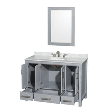 Load image into Gallery viewer, Wyndham Sheffield 48 Inch Single Bathroom Vanity in Gray, White Carrara Marble Countertop, Undermount Oval Sink, and 24 Inch Mirror- Wyndham